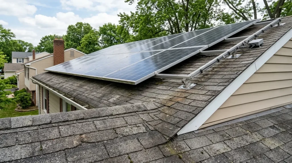 Aged asphalt shingle roof visible beneath an existing solar array