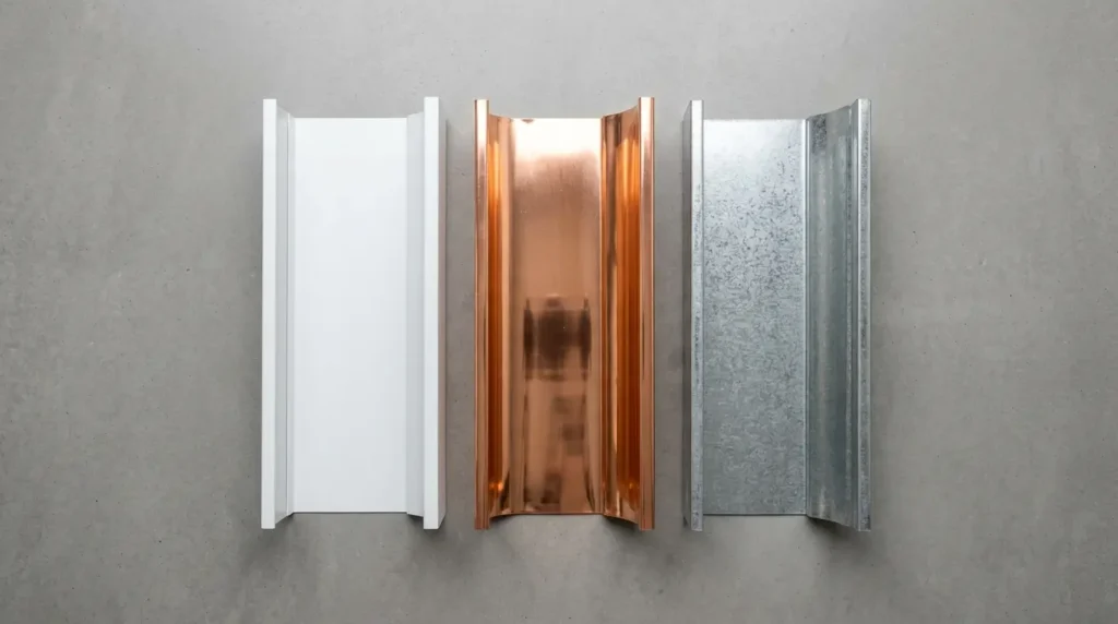 Aluminum, copper, and steel gutter samples side by side