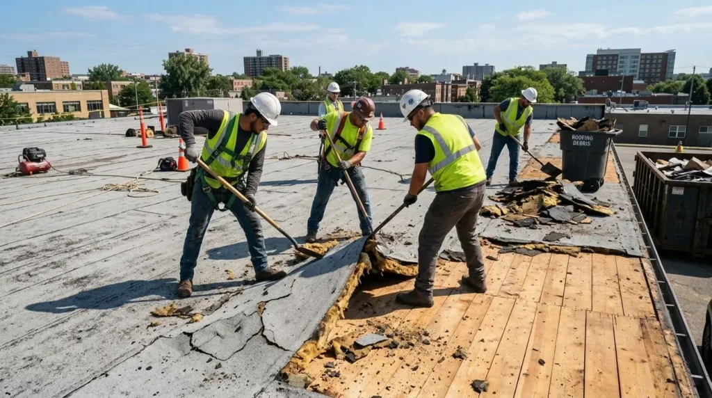Crew removing an old flat roof down to the deck before installing a new system