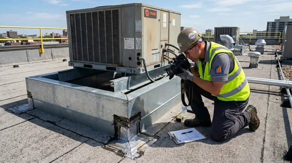 Inspector photographing a rooftop HVAC curb for a commercial roof report