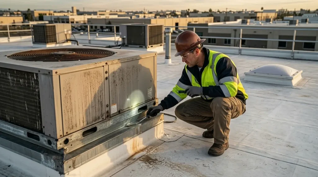 Roofer tracing a leak at a rooftop HVAC curb on a commercial building