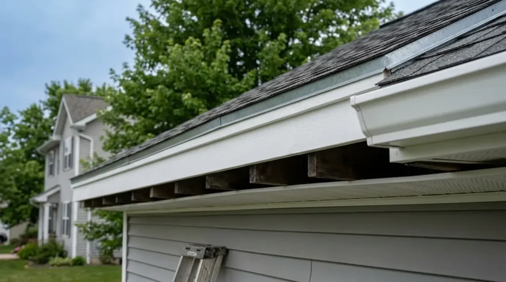 : Fascia board capping the rafter ends along a roof edge