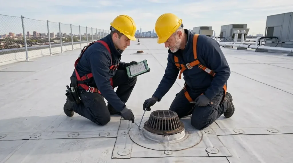 Inspector checking a roof drain and membrane seams on a flat commercial roof