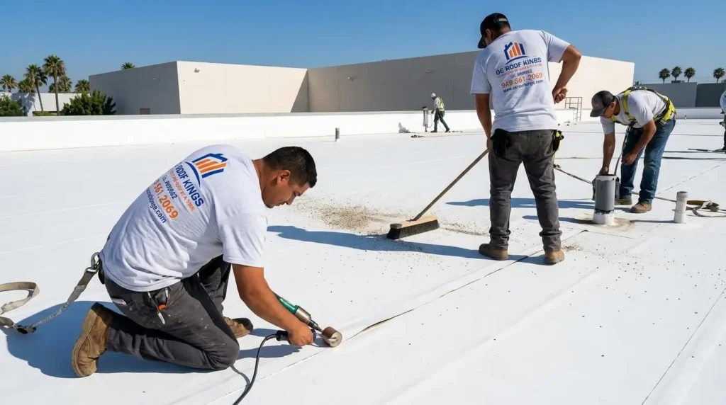Crew checking seams and clearing debris on a flat commercial roof