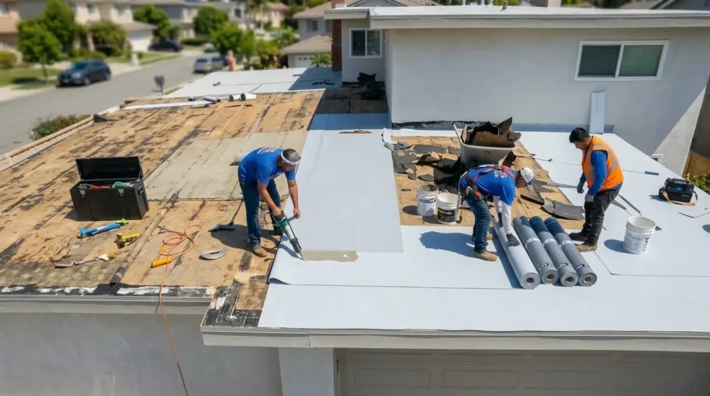 Crew replacing an old flat roof over a garage on a home