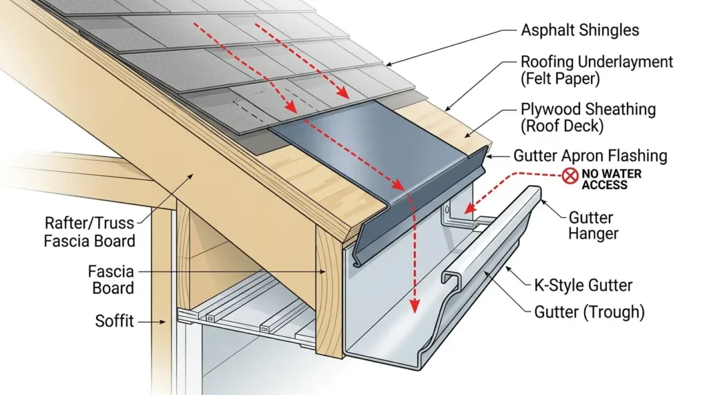 Gutter apron flashing directing water into the trough