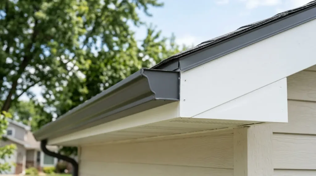 Gutter and fascia along the edge of a residential roof