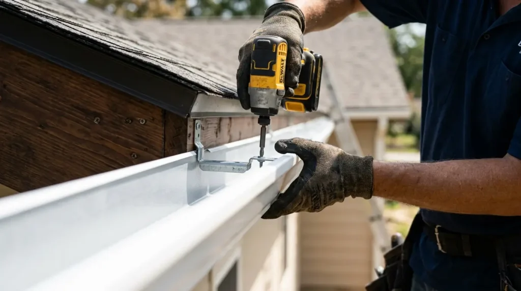 Installer setting the fall on a new gutter run
