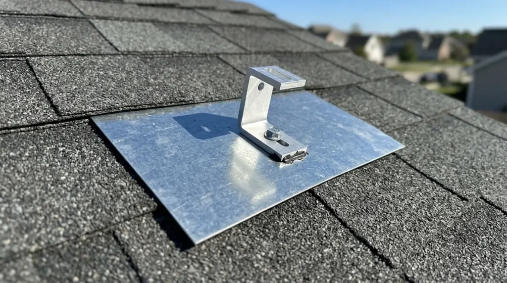 : New flashing at a solar mounting foot before the racking returns