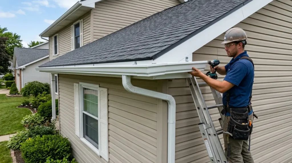 New gutter hung on a replaced fascia board