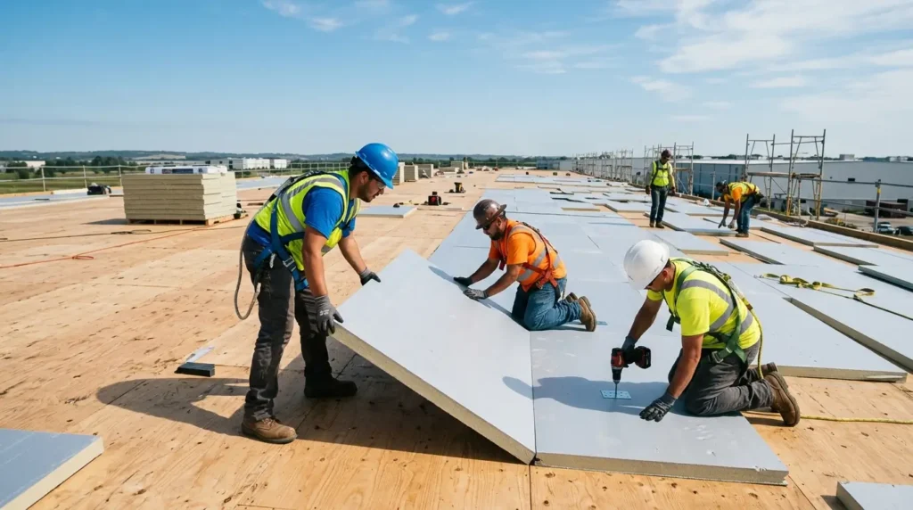 OC Roof Kings crew installing insulation on an open roof deck