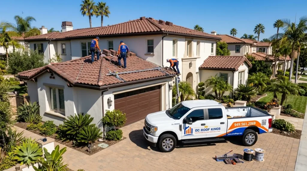 : OC Roof Kings crew finishing a residential roof in Orange County
