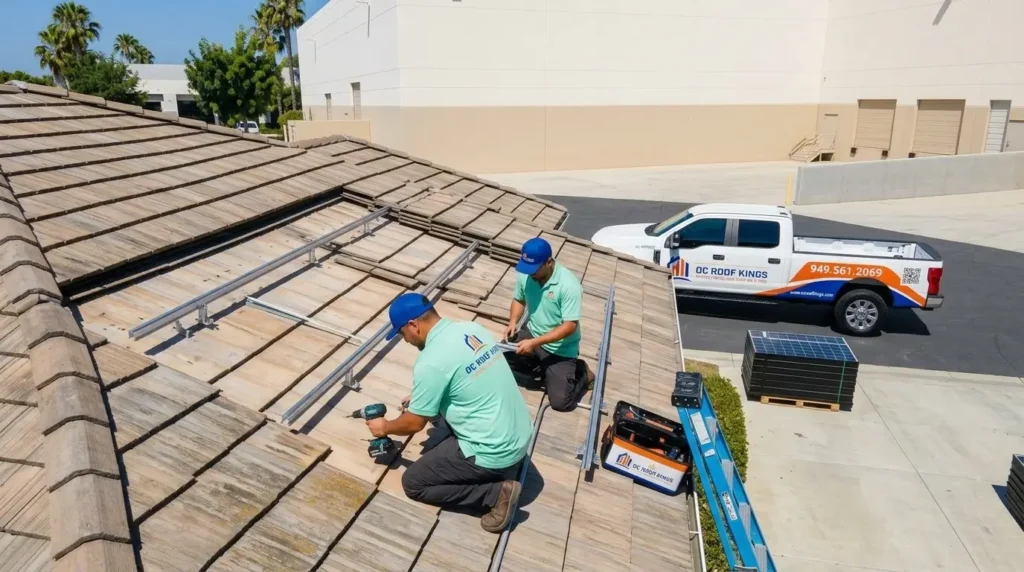 OC Roof Kings crew working on a roof beneath a removed solar array