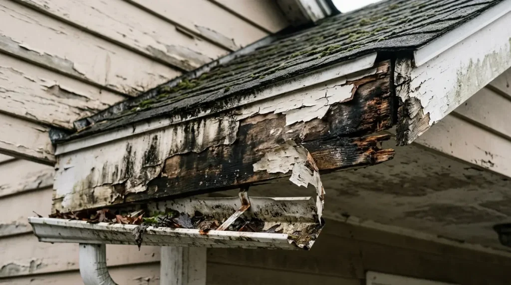 Peeling paint and dark staining along a failing fascia board