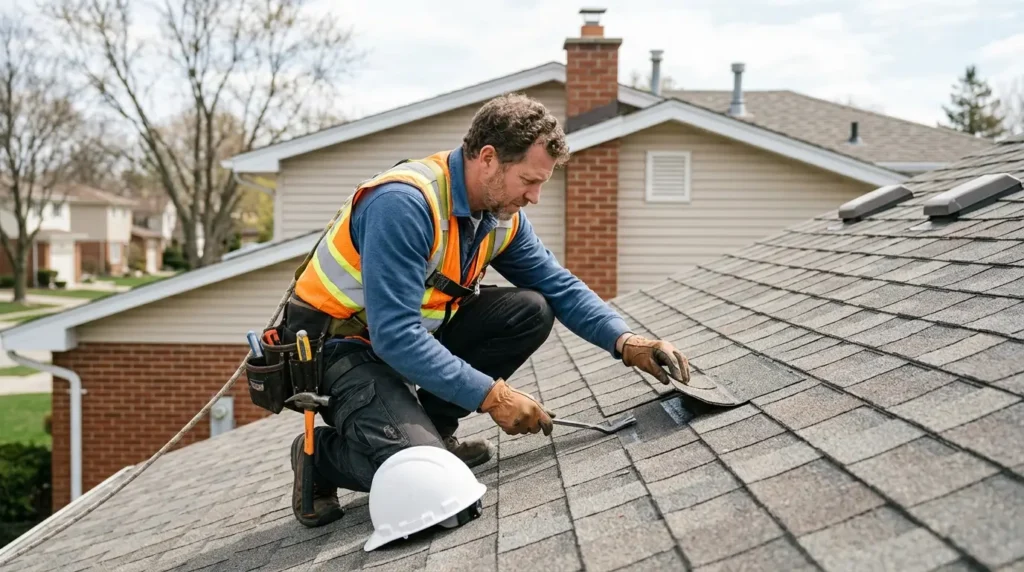 Residential roofer inspecting shingles on a home roof