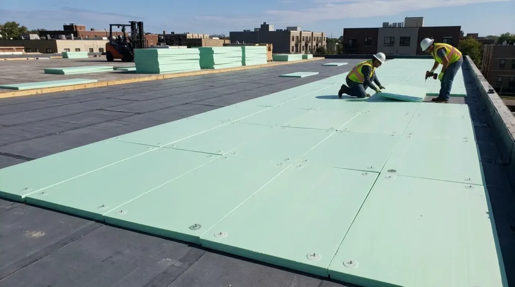 Rigid foam board laid in continuous sheets over a roof deck