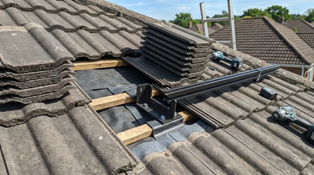 : Roof tile lifted and stacked around a solar mounting point