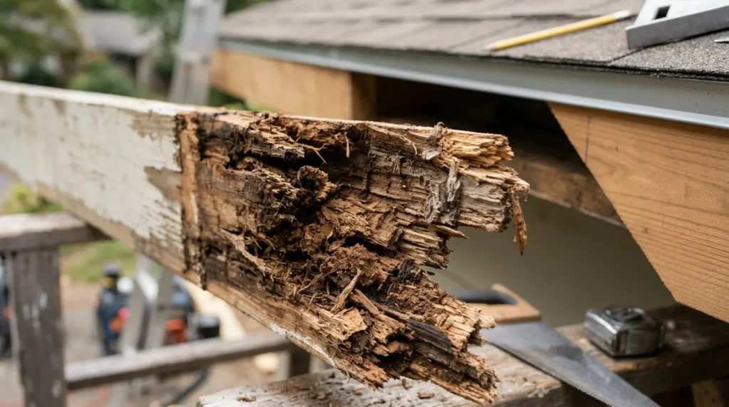 Rotted length cut out of a fascia board before a splice