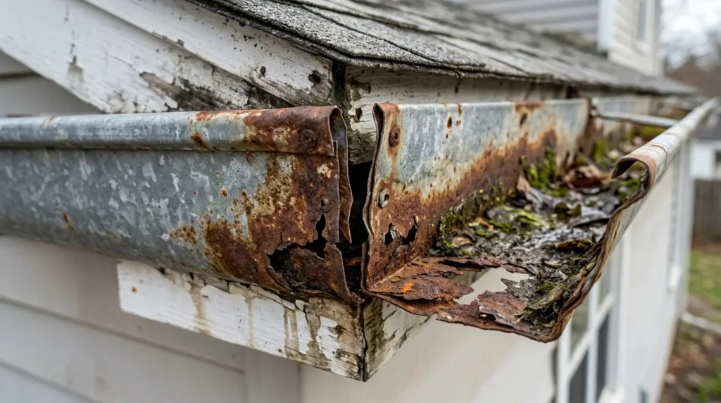 Rusted trough and split seams on a gutter past repair