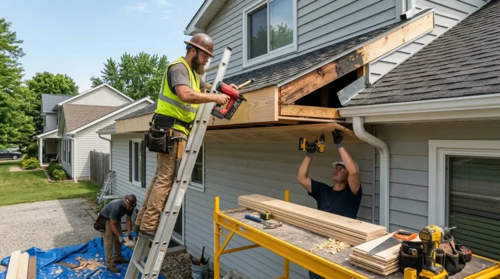 Soffit and fascia repair along a damaged roof overhang
