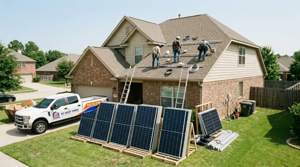 Solar panels staged on the ground beside a house during roof work