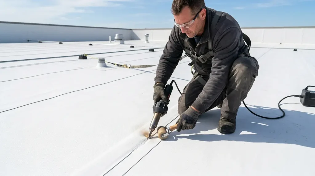 Roofer welding an open TPO seam on a white commercial roof membrane