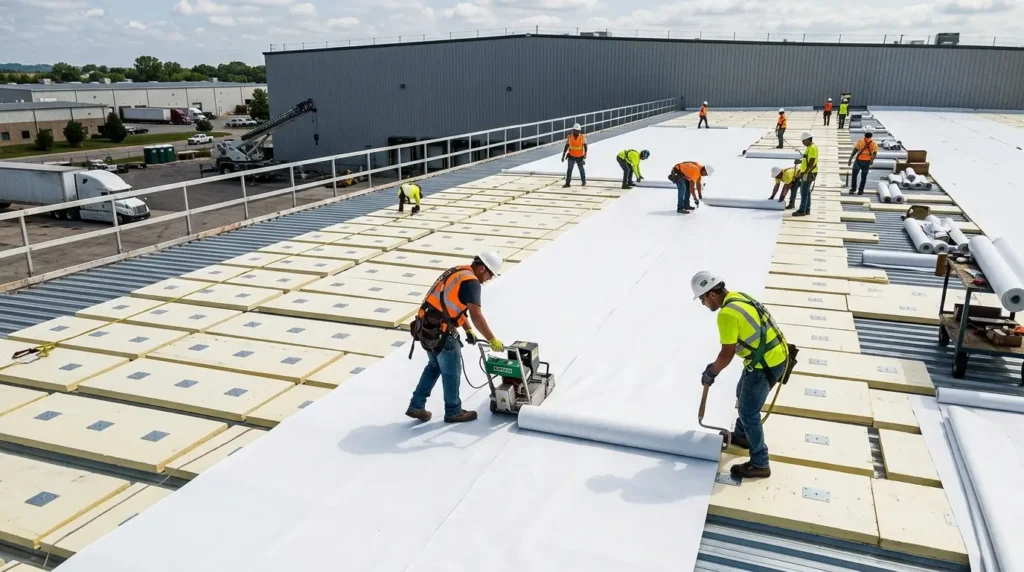 Crew installing a new TPO roof over insulation boards on a warehouse