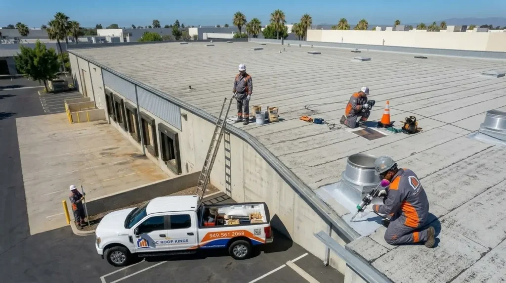 Roofing crew resealing a vent on a warehouse roof during a maintenance visit