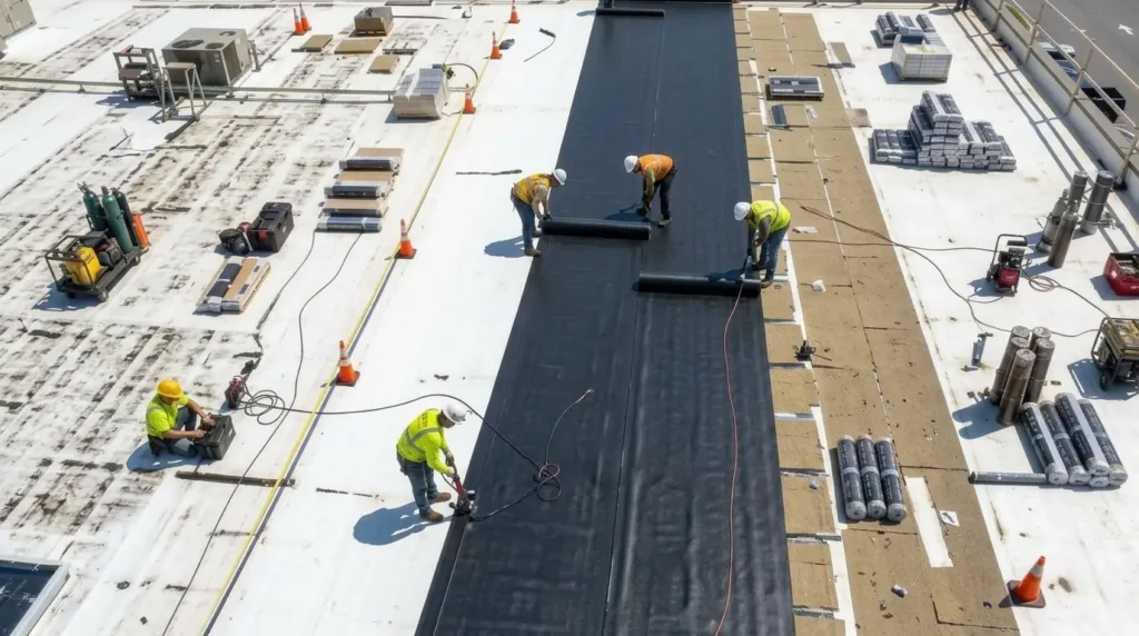 Roofing crew repairing a warehouse roof while the business stays open below