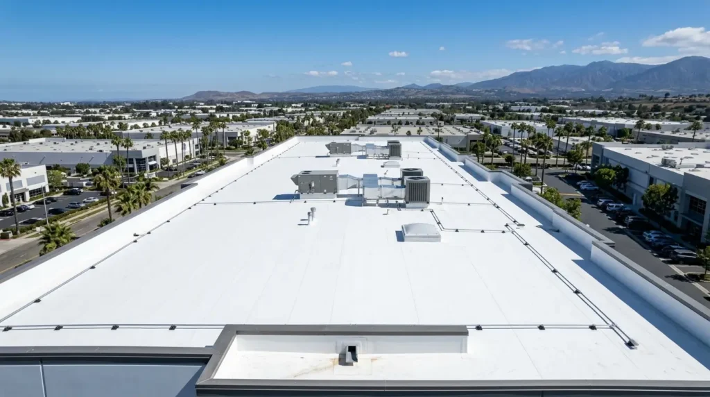 New white roof membrane completed on an Orange County warehouse