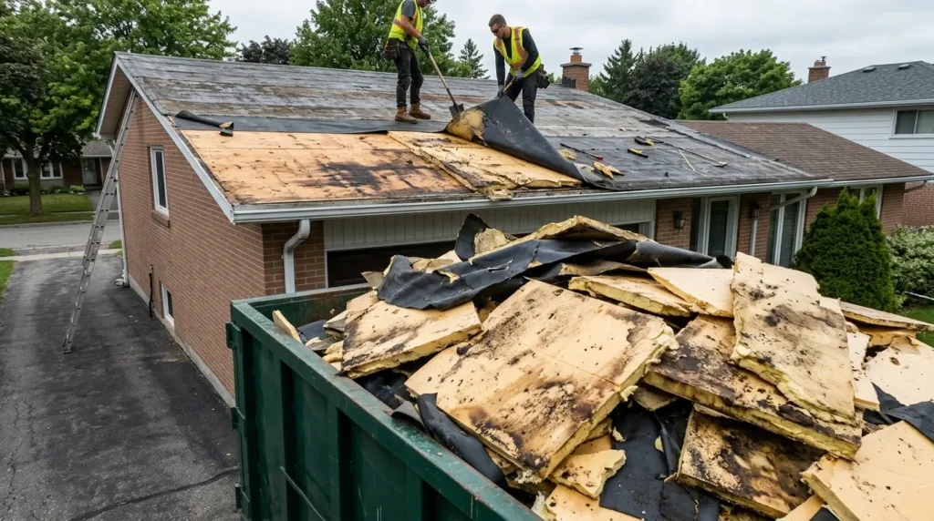 Water-damaged insulation board removed with the old roof covering