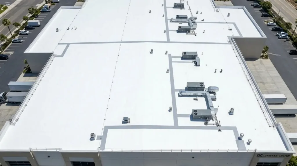 Finished white TPO roof on a commercial building in Orange County