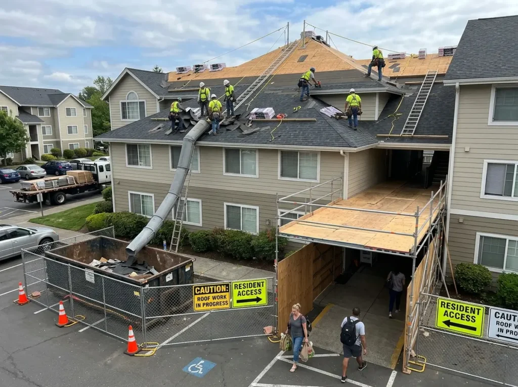 Roofers replacing the roof on one building of an apartment complex while tenants keep access