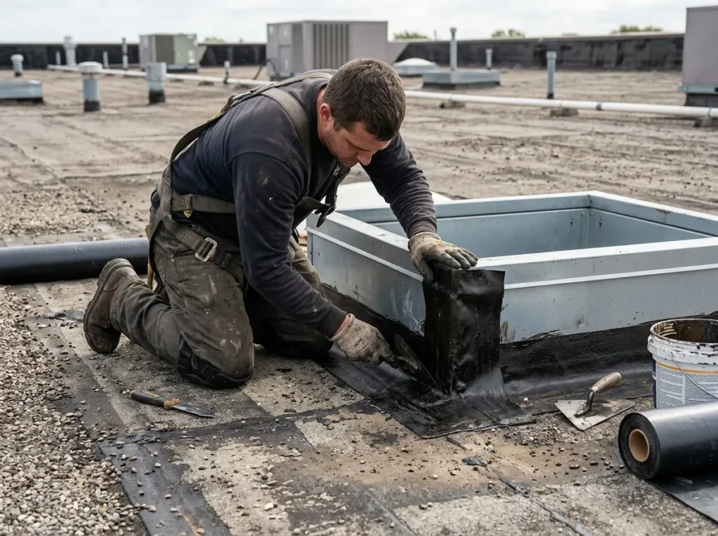 Roofer flashing a rooftop curb on a built-up roof