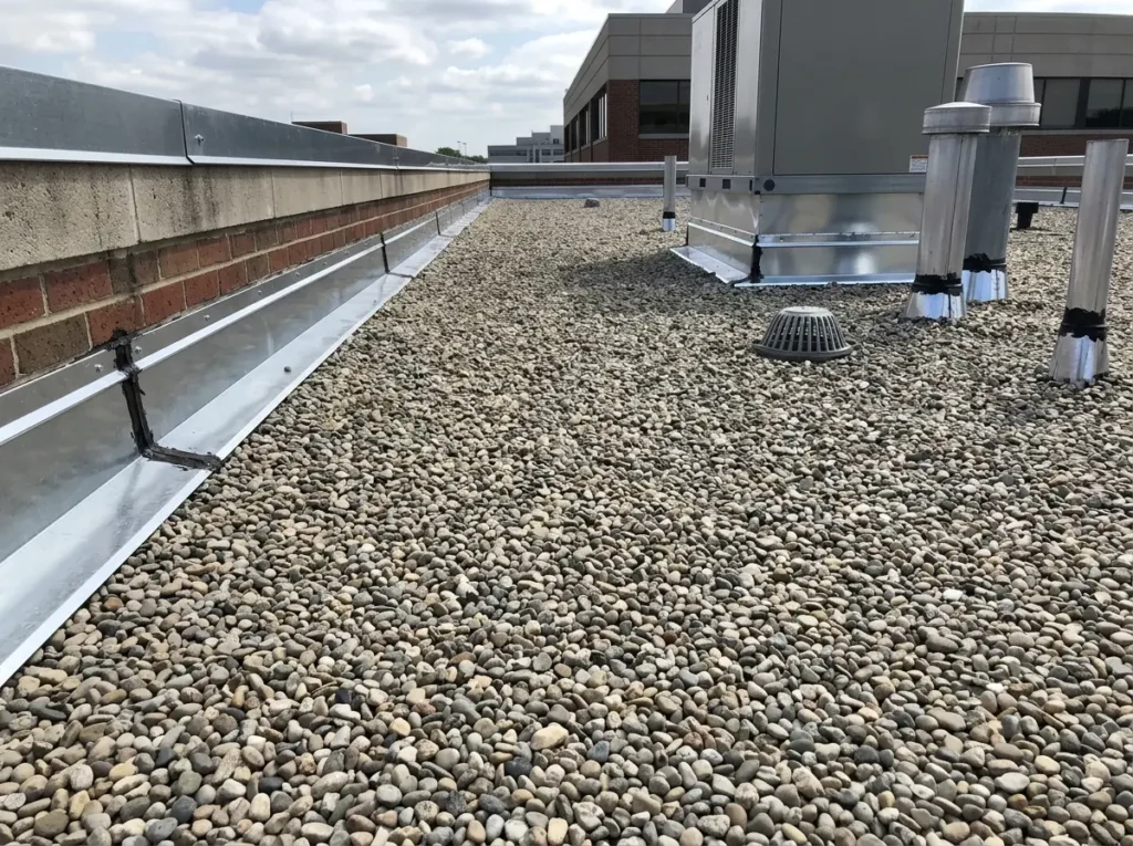 Finished built-up roof with fresh gravel and new flashing on an office building