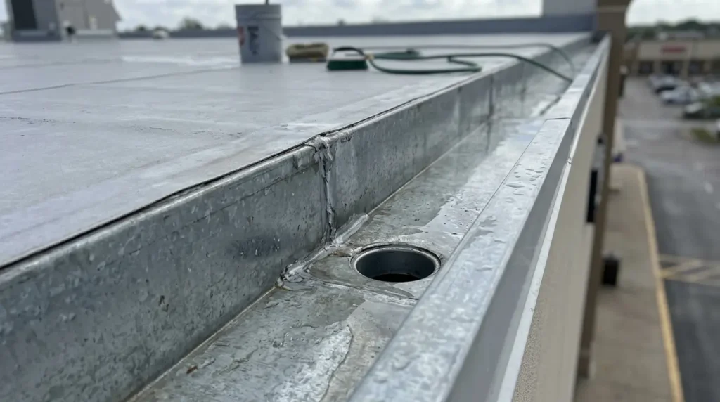 Cleaned box gutter and outlet on a retail building roof edge after a maintenance visit