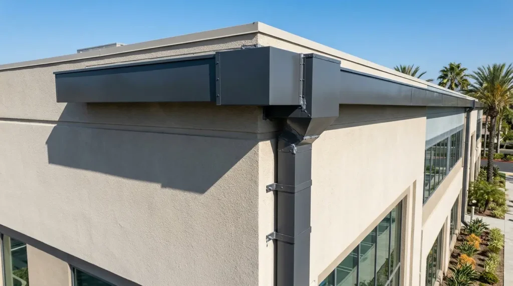 Box gutter and oversized downspout installed on an office building in Orange County