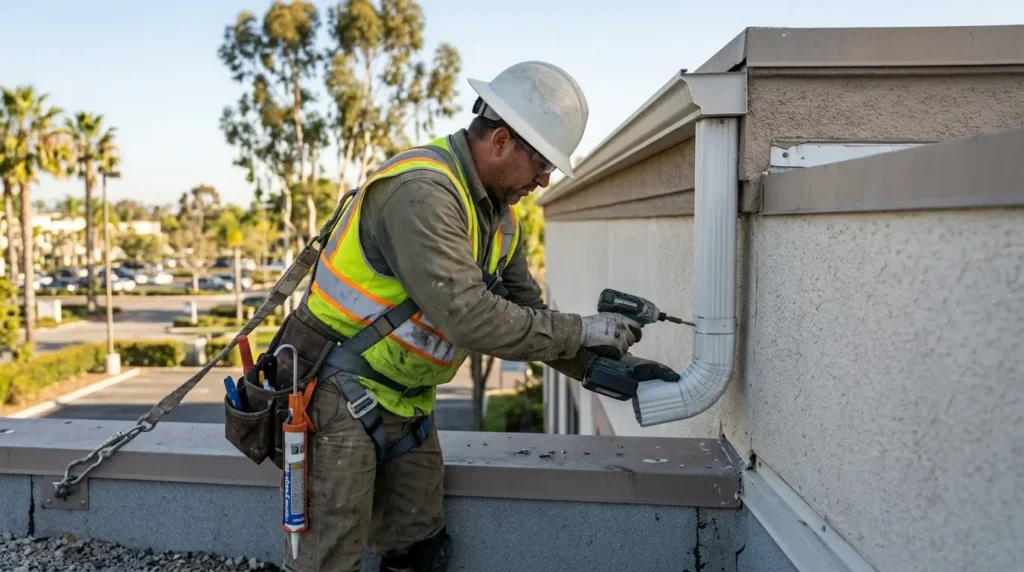Roofer reconnecting a downspout elbow on an office building in Orange County