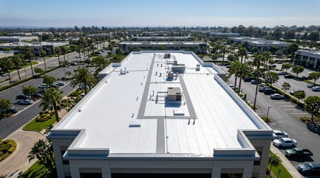 White flat roof membrane on a commercial building in Orange County