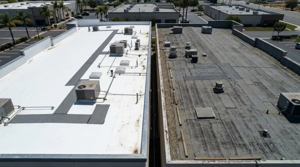 TPO and modified bitumen roof sections on neighboring commercial buildings in Orange County