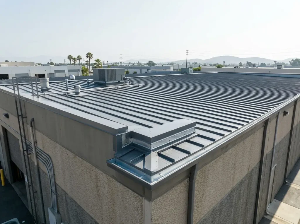 Finished metal roof with new trim and flashing on an industrial building in Orange County