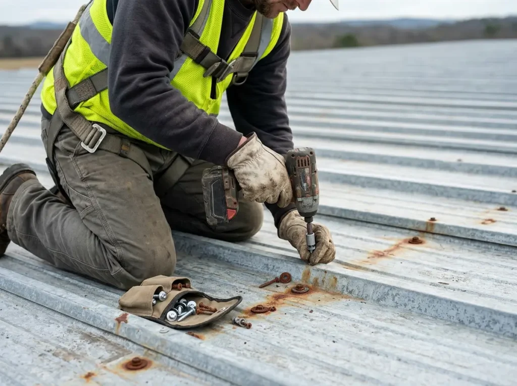 Crew member replacing corroded screws and washers on an exposed fastener metal roof