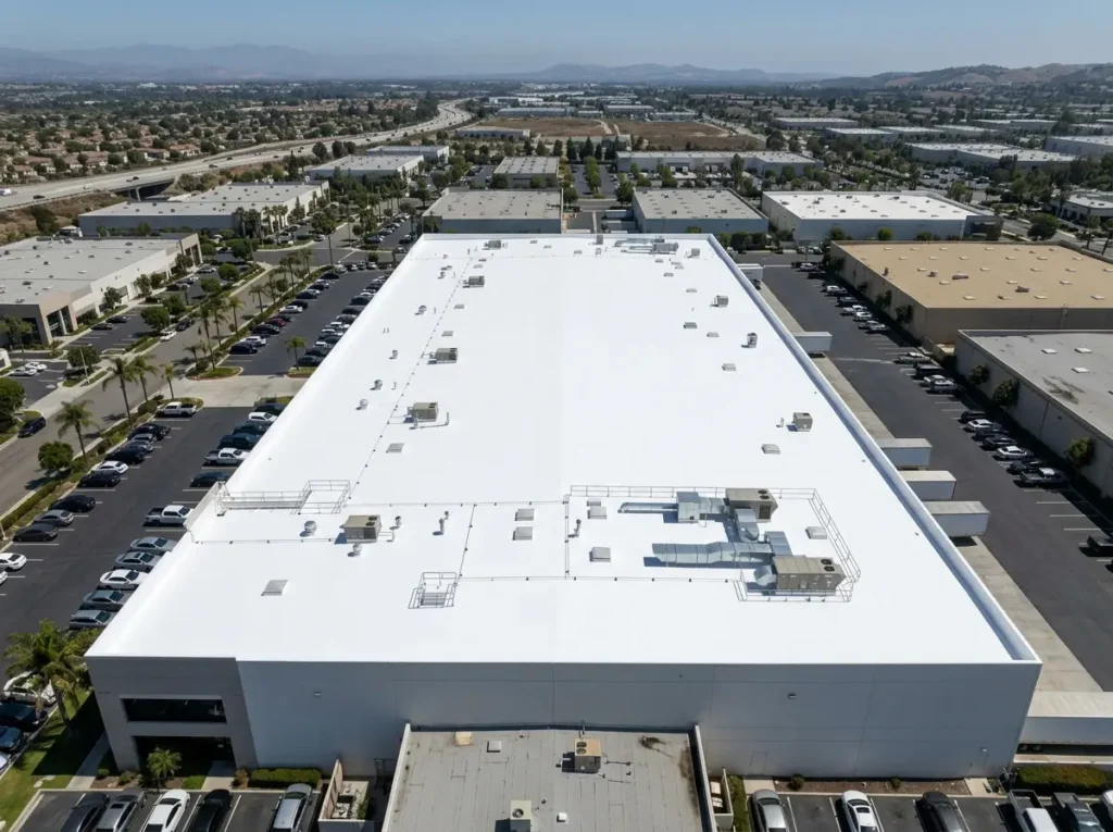 Finished white roof coating on a warehouse roof in Orange County