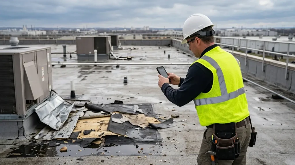 Roofer photographing storm damage on a commercial roof for the property manager