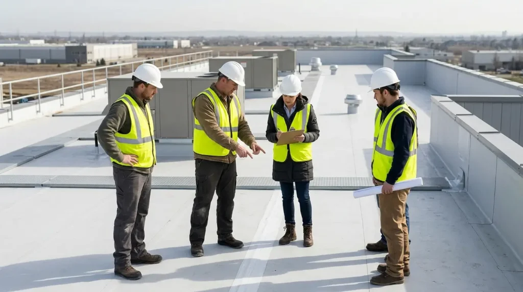 OC Roof Kings crew reviewing a finished commercial roof with a property manager