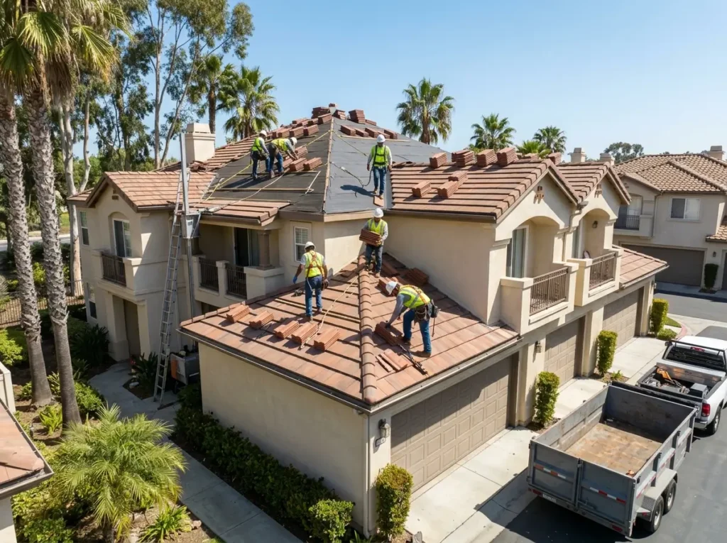 Roofing crew replacing tile on a multi-unit condo building in Orange County