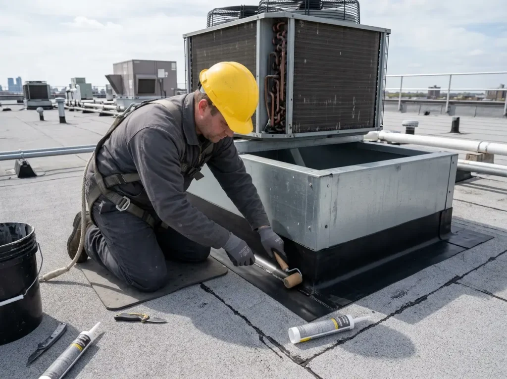 Roofer sealing EPDM flashing around a rooftop equipment curb on a commercial building