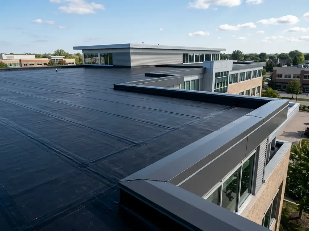 Finished EPDM roof with sealed seams and new edge metal on an office building