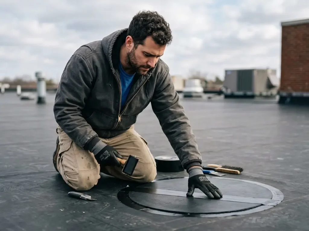 Crew member pressing seam tape onto an EPDM roof repair patch