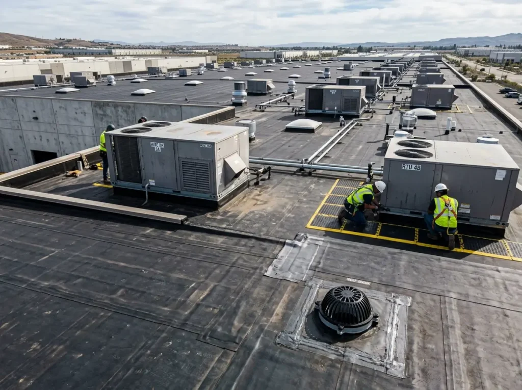 Black EPDM rubber roof covering a warehouse with rooftop units and roof drains